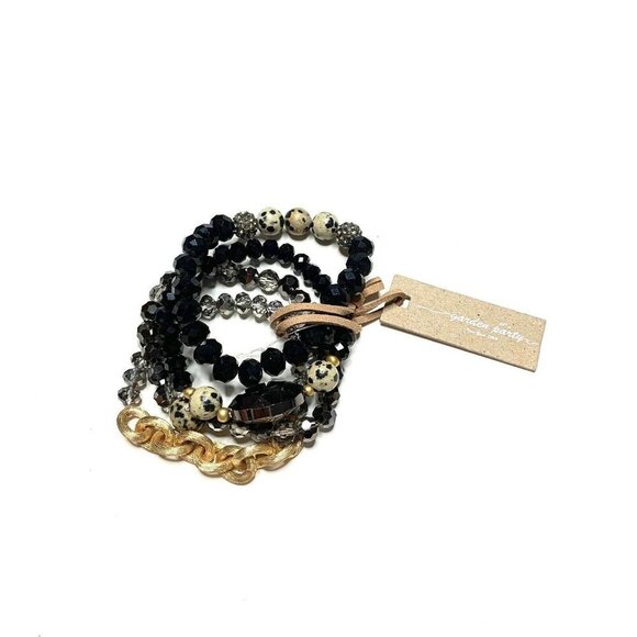 GARDEN PARTY Bracelet Set 4 Bracelets Black Glass Beads Dalmatian Print Elastic - Picture 1 of 2